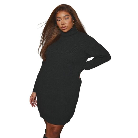 PrettyLittleThing Plus Size XL Black Turtleneck Sweater Dress - Picture 1 of 12